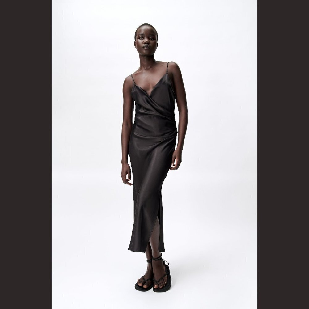 ZARA BROWN 100% VISCOSE SILKY LINGERIE DRAPED SLIP DRESS NWT XS